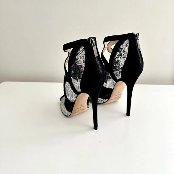 NEW JIMMY CHOO Tempest Black Suede Silver Sequin Cutout Heels Sandals Size 38 - Picture 9 of 11
